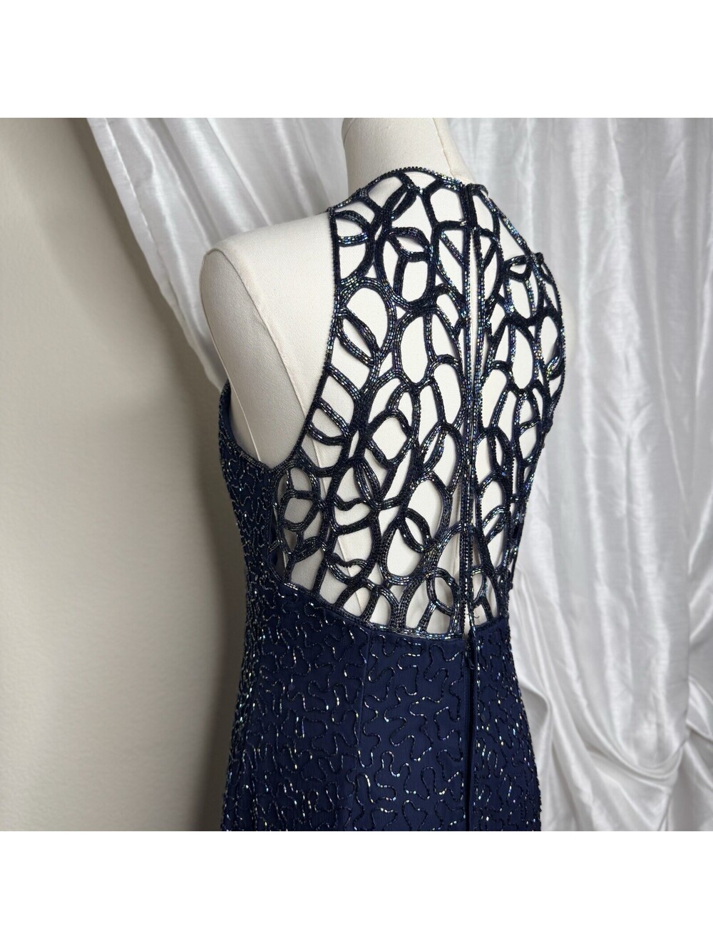 Vintage Scala Silk Beaded Gown Size Large Navy Blue Web Cutout Formal Prom Dress